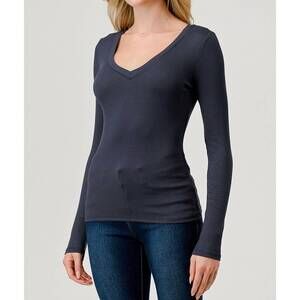 NEW HASHTAG v-neck ribbed long sleeve knit top in navy
